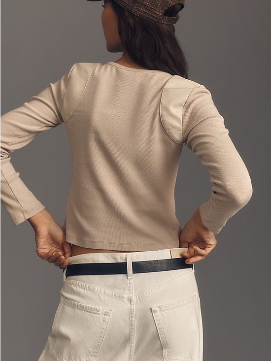 Anthropologie Maeve Beige Long-Sleeve Ribbed Faux Leather Insert Crew Pullover - Picture 2 of 13